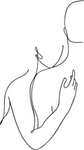 Minimalist black continuous line art illustration of a person's upper body and hand on a plain white background.