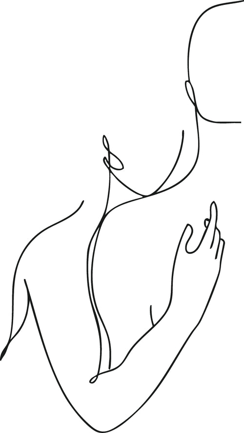 Minimalist black continuous line art illustration of a person's upper body and hand on a plain white background.